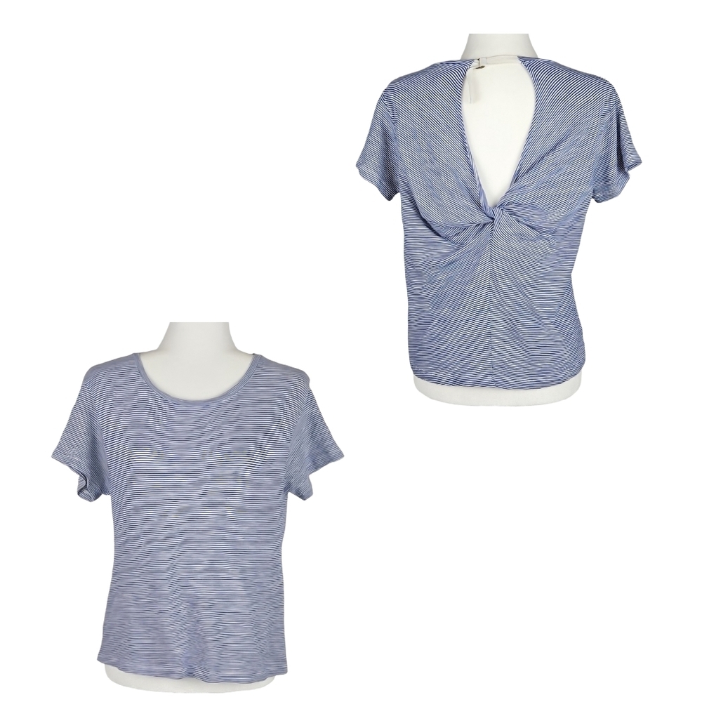 Lucky Brand Tee Open Twist-Back Striped Short Sleeve Tee Top Blue White XS
